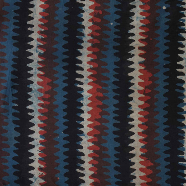 Pure Cotton Bagru Jahota With Blue Rust Double Zig Zag Stripes Hand Block Print Fabric