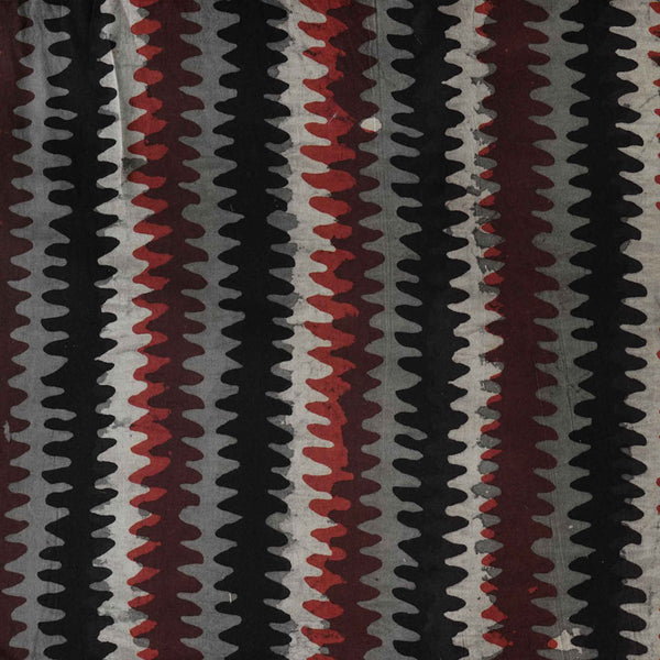 Pure Cotton Bagru Jahota With Grey Rust Black Double Zig Zag Stripes Hand Block Print Fabric