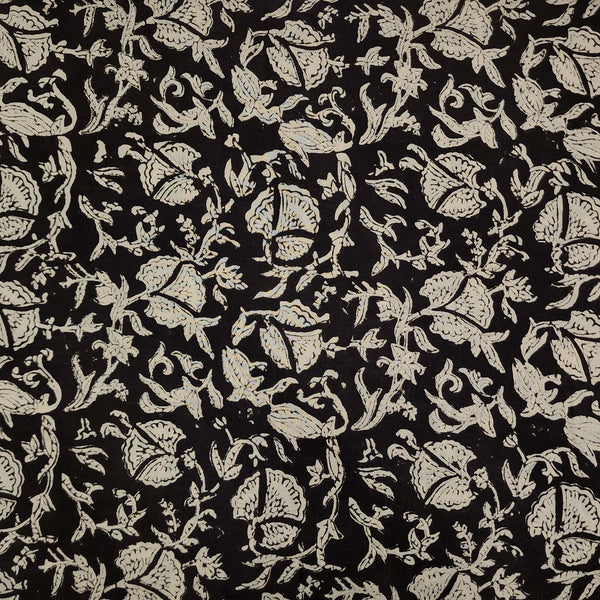 Pure Cotton Dabu Bagru Black With Beige Floral Jaal Hand Block Print Fabric