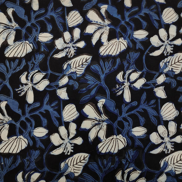 Pure Cotton Jahota With Blue Cream Jaal Flower Hand Block Print Fabric