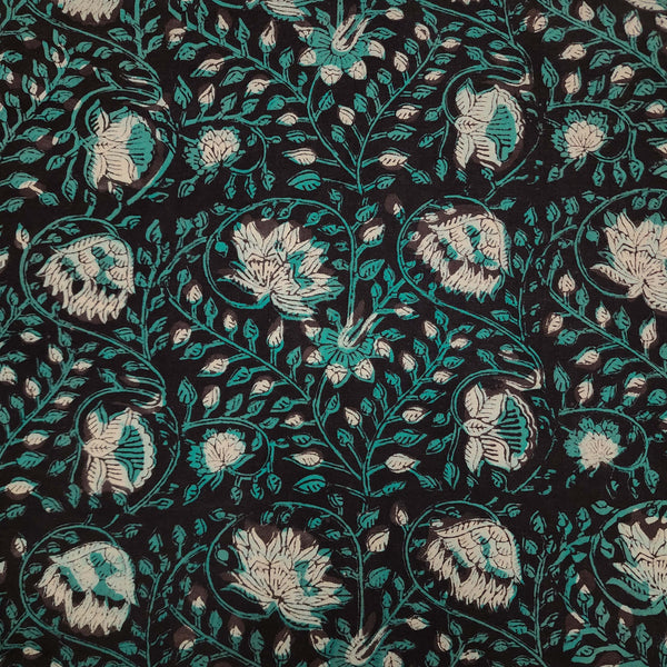 Pure Cotton Jahota With Light Blue And Cream Tealish Jaal Flower Hand Block Print Fabric