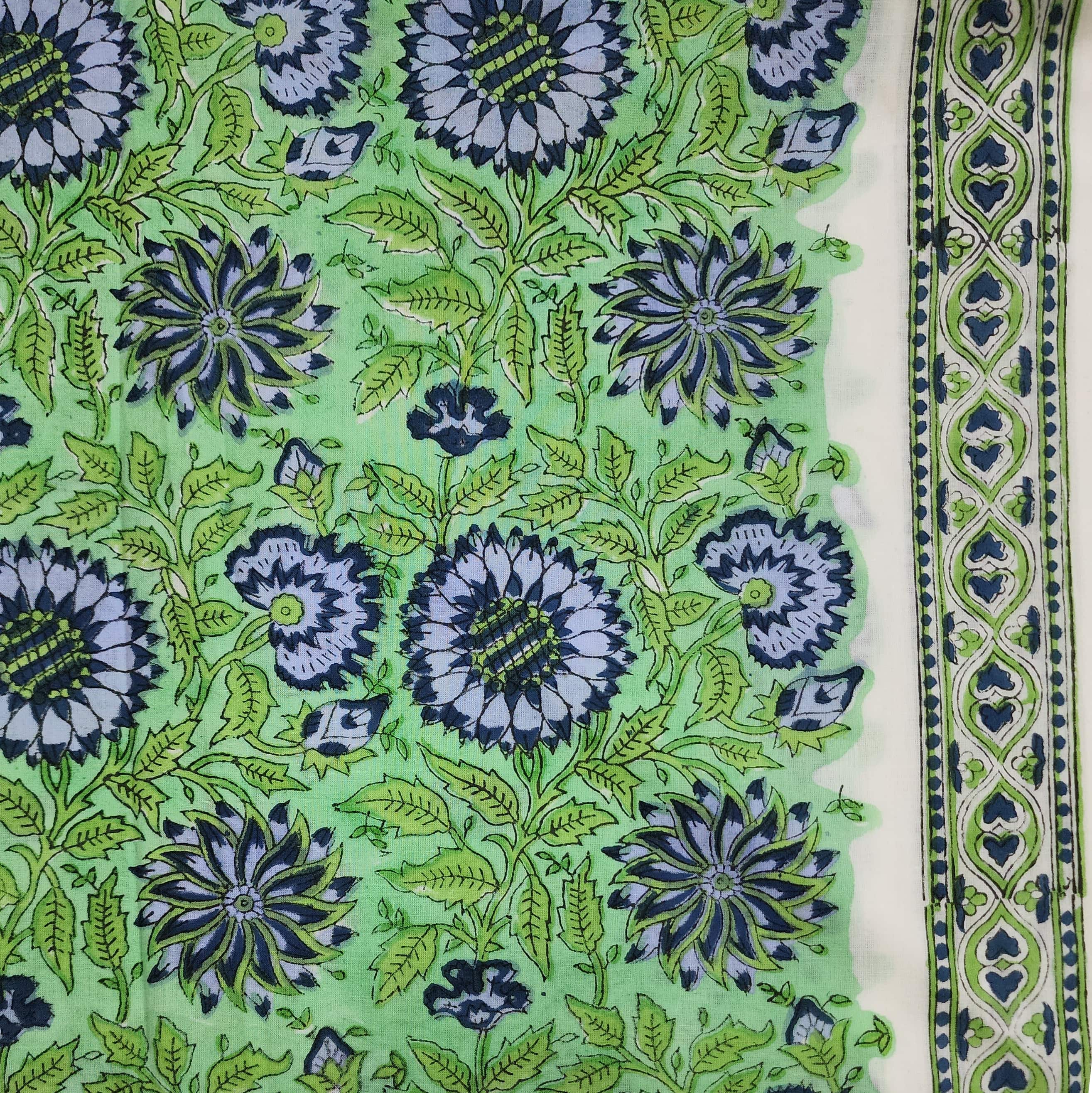 Pure Cotton Jaipuri Green With Blue Sun Flower Wild Floraal Jaal Hand