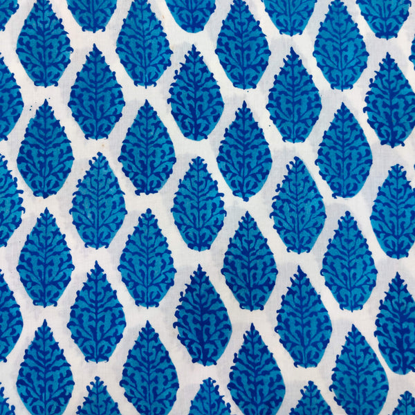 Pure Cotton Jaipuri White With Blue Fountain Motif Hand Block Print Fabric