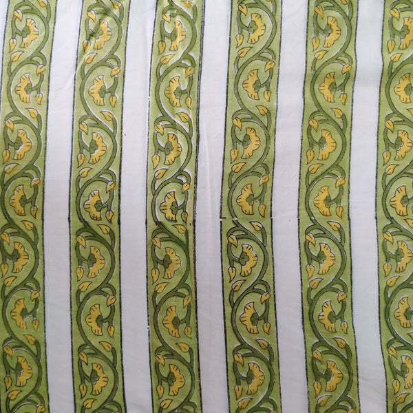 Pure Cotton Jaipuri White With Green Border Hand Block Print Fabric