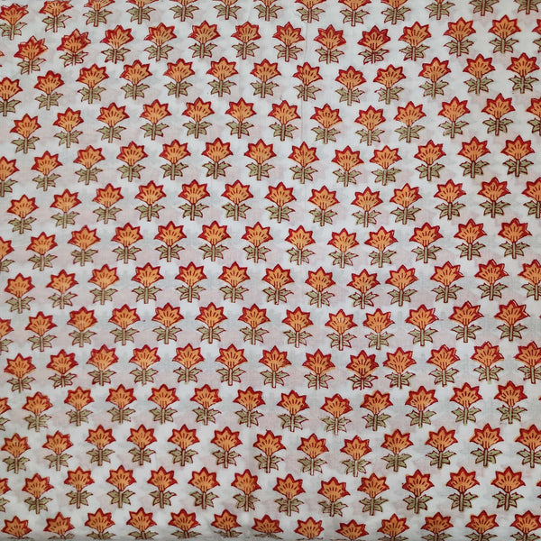 Pure Cotton Jaipuri White With Small Yellow Red Flower Hand Block Print Fabric