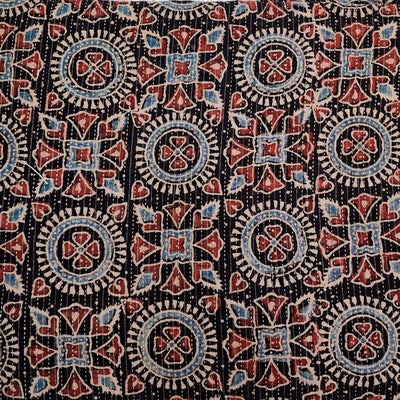 Pure Cotton Kaatha Ajrak Black Geometric Tribal Tiles Hand Block Print Fabric