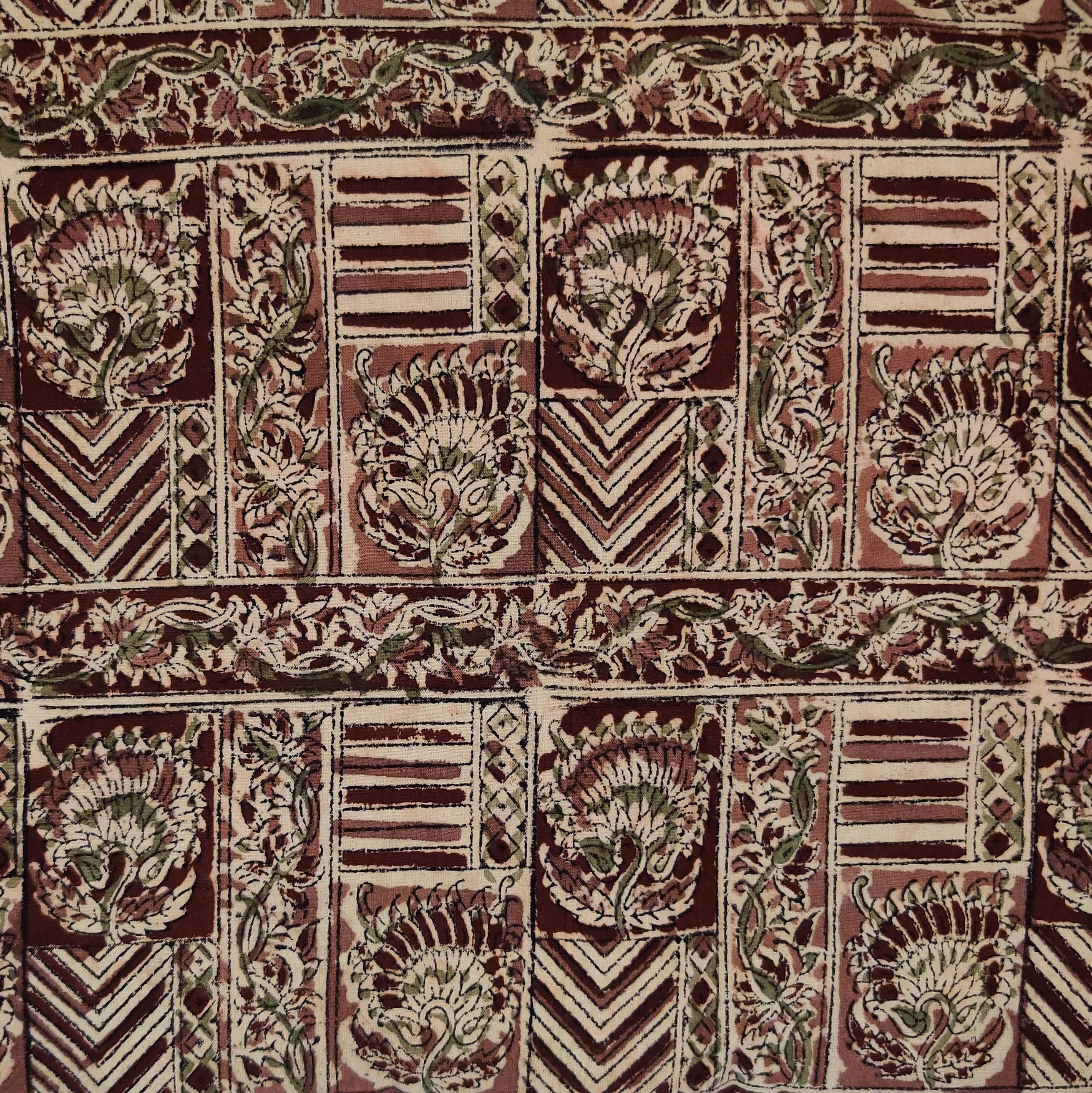 Brown - Bead Work Embroidery Kalamkari Block Printed Cotton Unstitched Kurta Material - 2.55 meter