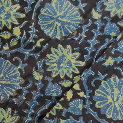 Pure Cotton Vanaspati Earthy Black With Blue Green Marrigold Jaal Hand Block Print Fabric