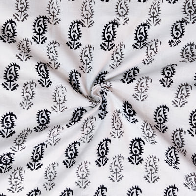 Pure Cotton White With Black And Grey Kairi Motifs Hand Block Print Fabric