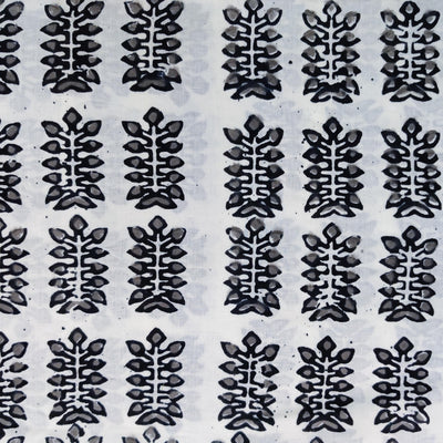 Pure Cotton White With Grey Black All Leaves Plant Hand Block Print Fabric