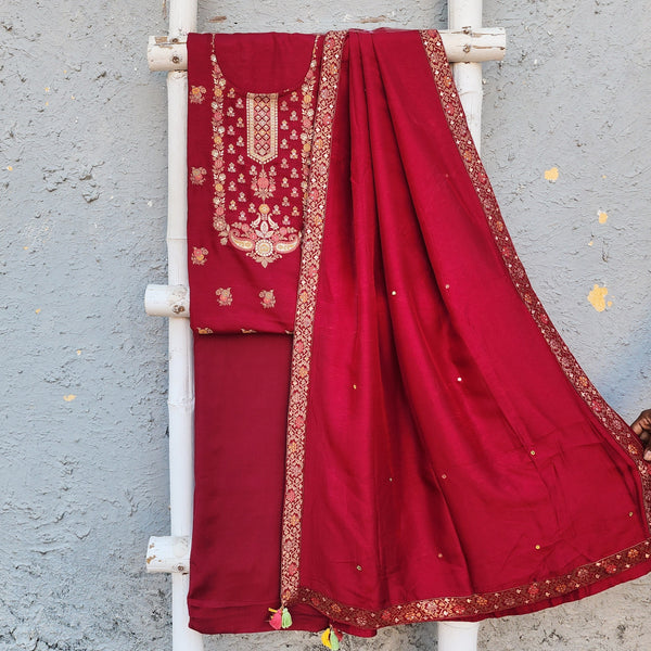 ROKAH - Beautiful Banarasi Woven Yoke Top Piece With Plain Rayon Bottom And A Beautiful Dupatta