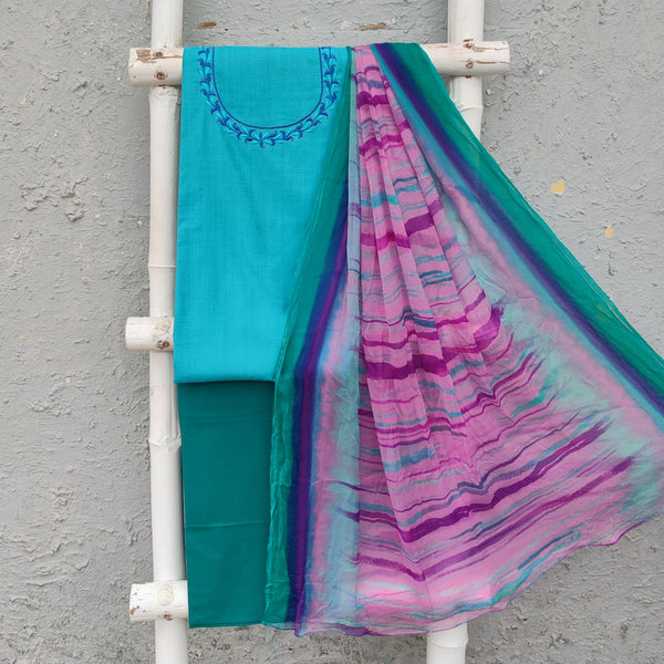 SRIDHA - Cotton Silk Embroidered Light Blue Top With Teal Cotton  Bottom And A Chiffon Dupatta