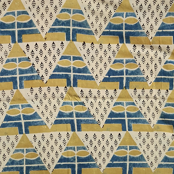 ( 1.5 METER ) Pure Cotton Ajrak Cream With Mustard  Blue Big Triangle Red Hand Block Print Fabric