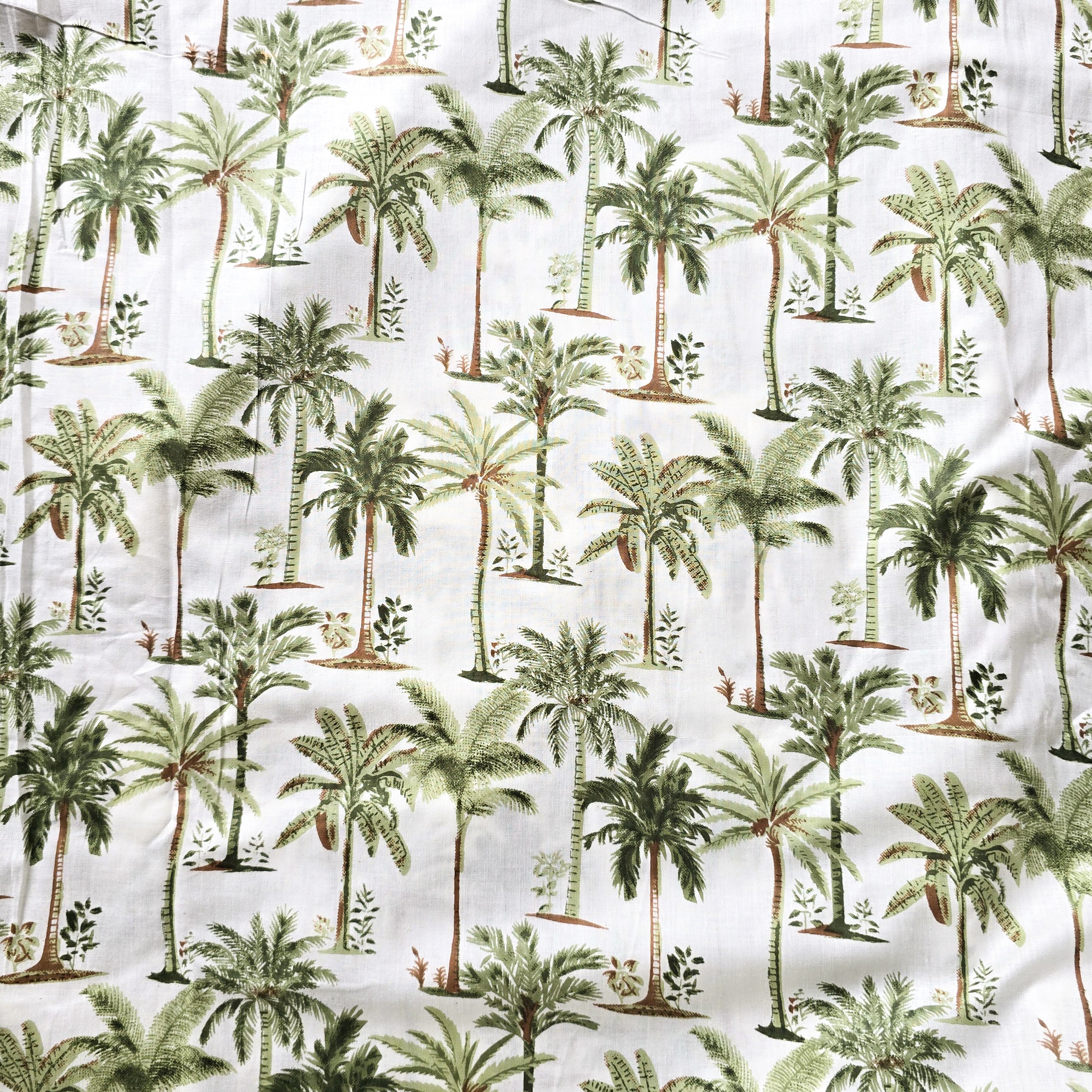 Pure Cotton Screen Print White With Coconut Trees Fabric – Sanskruti