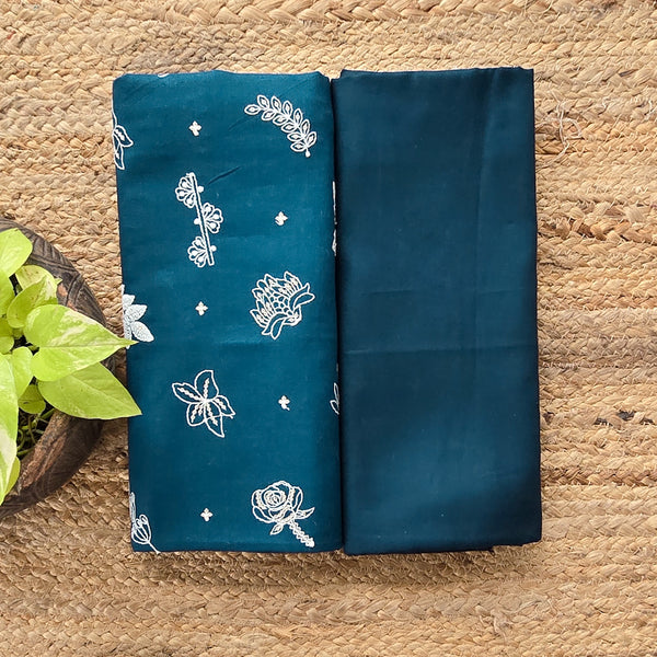 Top Bottom Combo Pure Cotton Teal Blue With Embroidered  Fabric  (2.5 Meters Each)
