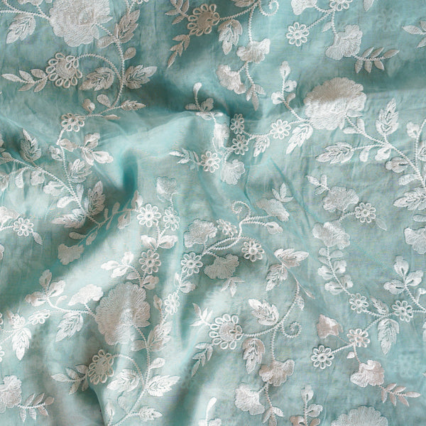 Mul Chanderi Pastel Blue With Flower Jaal Embroidery Fabric