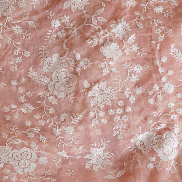 Mul Chanderi Pastel Peach With Flower Jaal Embroidery Fabric