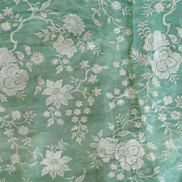 Mul Chanderi Mint Green With Flower Jaal Embroidery Fabric