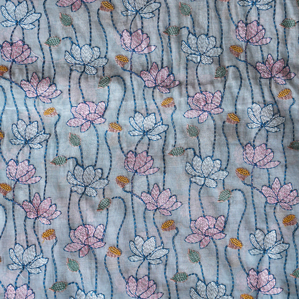 Mul Chanderi Greyish Blue  With Flower Jaal Embroidery Fabric