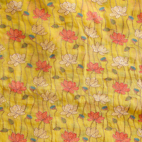 Mul Chanderi Yellow  With Flower Jaal Embroidery Fabric