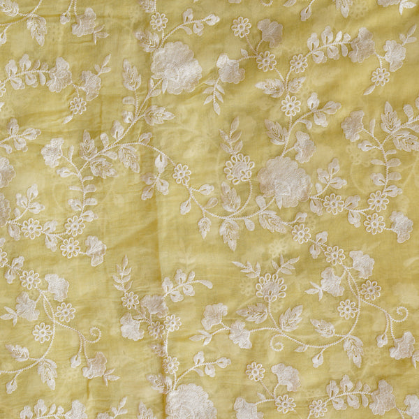 Mul Chanderi Pastel Yellow With Flower Jaal Embroidery Fabric
