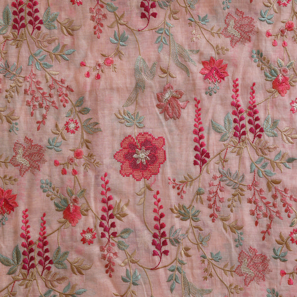 Mul Chanderi Peach And Flower Jaal Embroidery Fabric