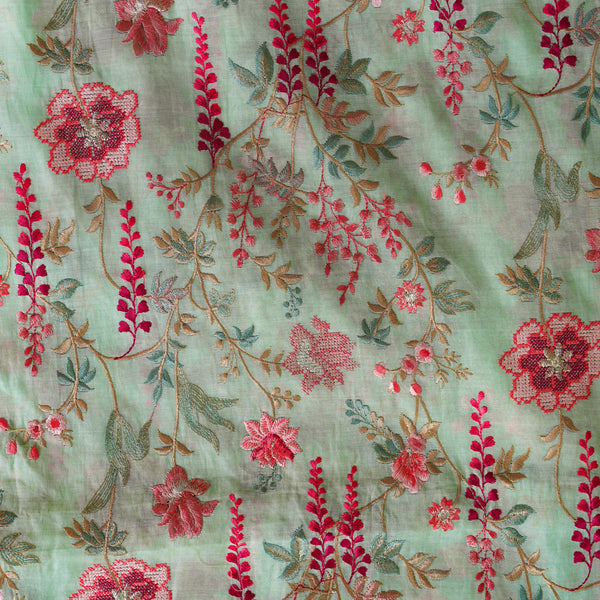 Mul Chanderi Mint Green With Red Flower Jaal Embroidery Fabric