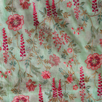 Mul Chanderi Mint Green With Red Flower Jaal Embroidery Fabric