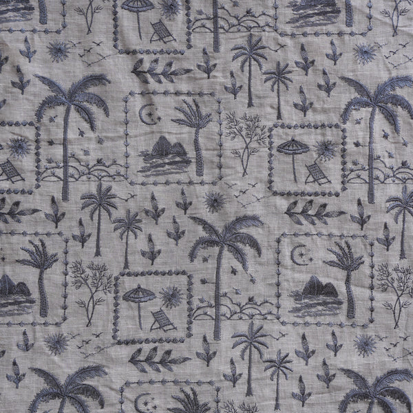 Linen Grey With Scenery View Embroidery Fabric