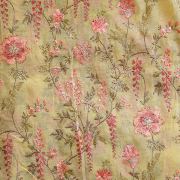 Mul Chanderi Pastel Yellow  With Flower Jaal Embroidery Fabric