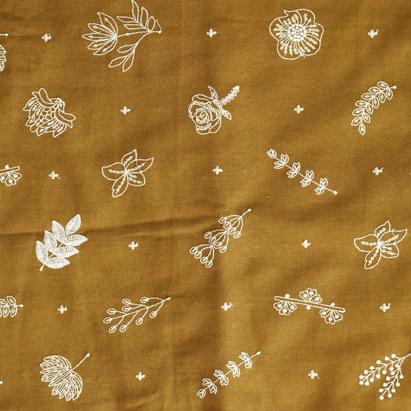 Pure Cotton Dark Mustard With White Embroidery Fabric