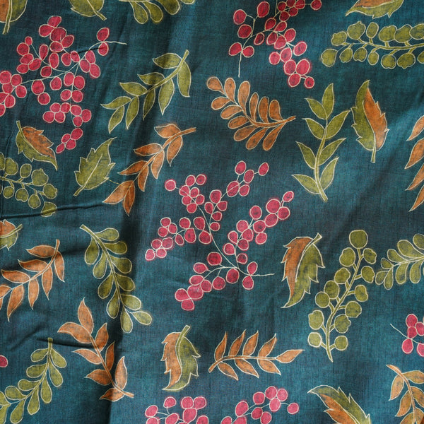 Dola Silk Kalamkari Digital Print Teal With Leaves Fabric