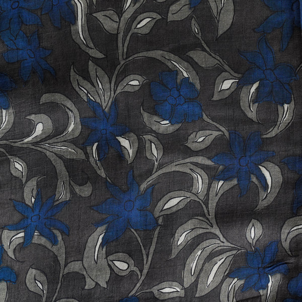 Dola Silk Kalamkari Digital Print Dark Brown With Blue Flower Jaal Fabric