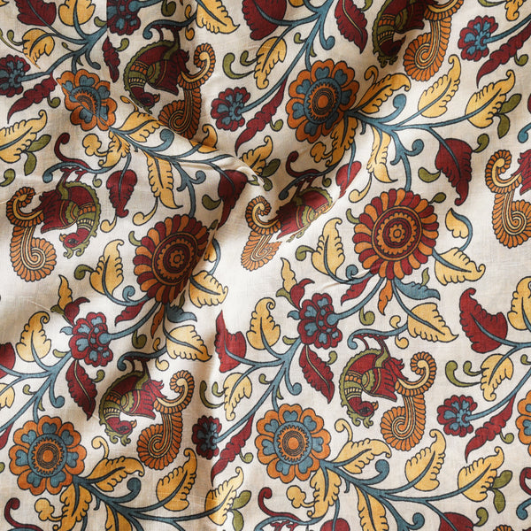 Dola Silk Kalamkari Digital Print  Cream With Flower Jaal Fabric