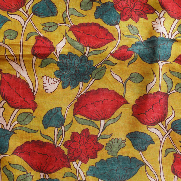 Dola Silk Kalamkari Digital Print  Mustard With Maroon Flower Jaal  Fabric