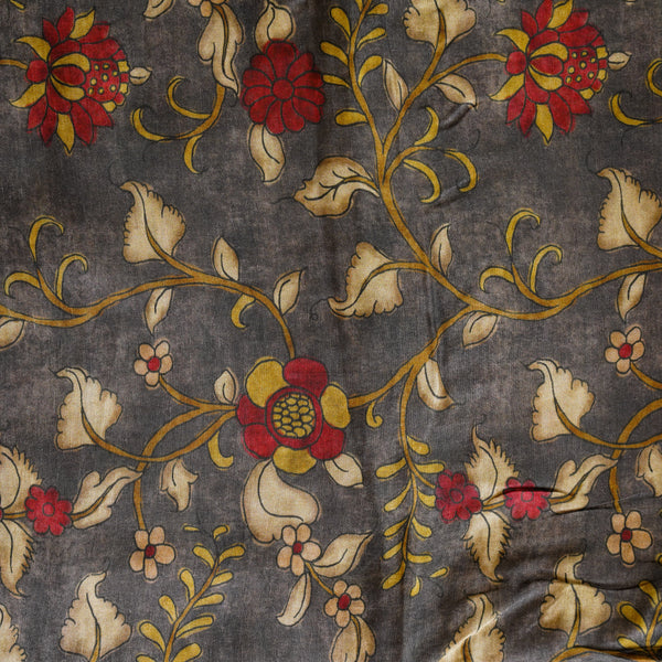 Dola Silk Kalamkari Digital Print   Grey With Red Flower Jaal Fabric