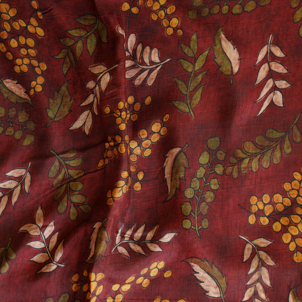 Dola Silk Kalamkari Digital Print  Maroon With Leaves  Fabric