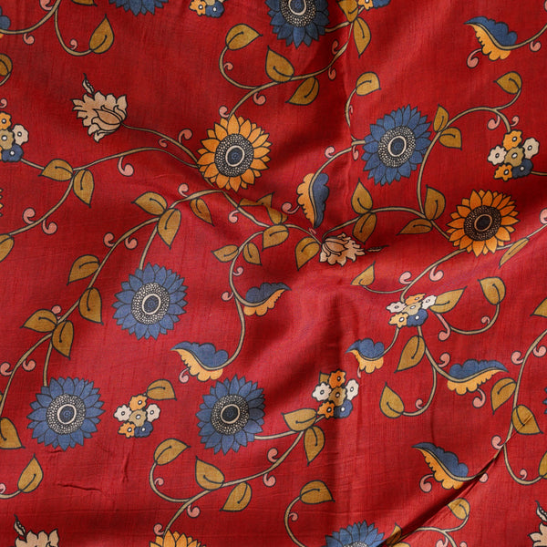 Dola Silk Kalamkari Digital Print  Maroon With Blue Flower Jaal  Fabric