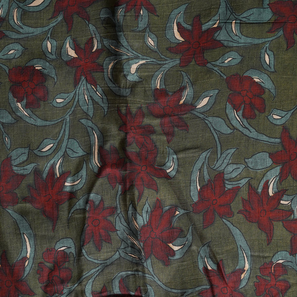 Dola Silk Kalamkari Digital Print   Dark Mehandi Green With Maroon Jaal  Fabric