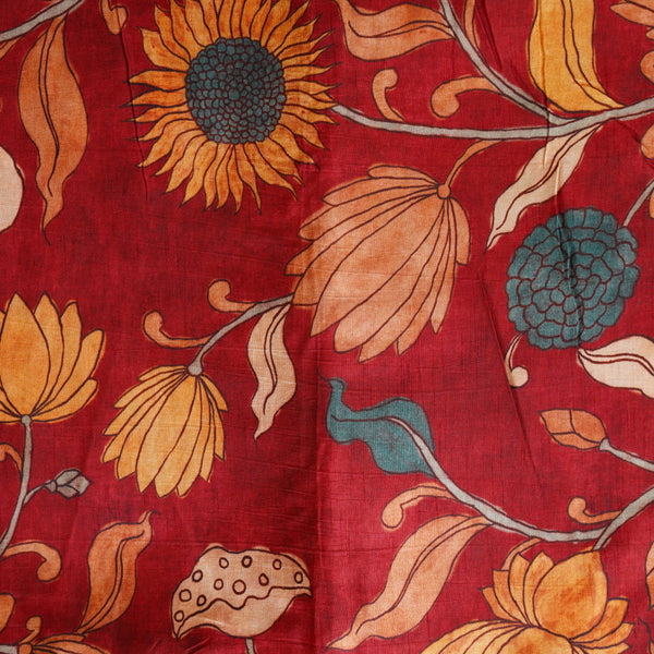 Dola Silk Kalamkari Digital Print   Rust Red With Teal And Mustard Flower Jaal Fabric