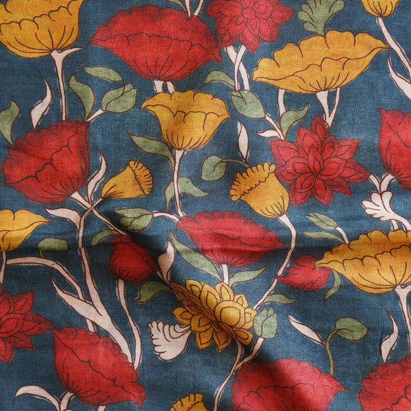 Dola Silk Kalamkari Digital Print  Blue With Red And Mustard Flower Jaal  Fabric
