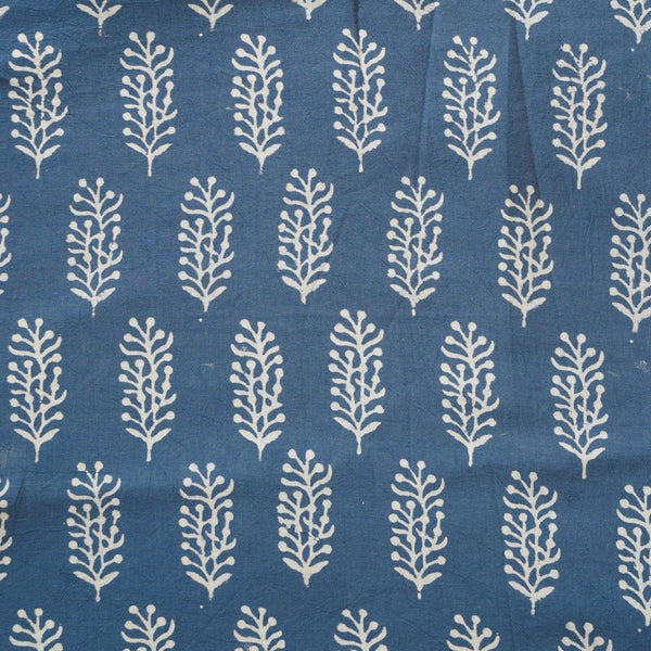 Pure Cotton Gamthi Blue With Cream Plant Motif Hand Block Print Fabric