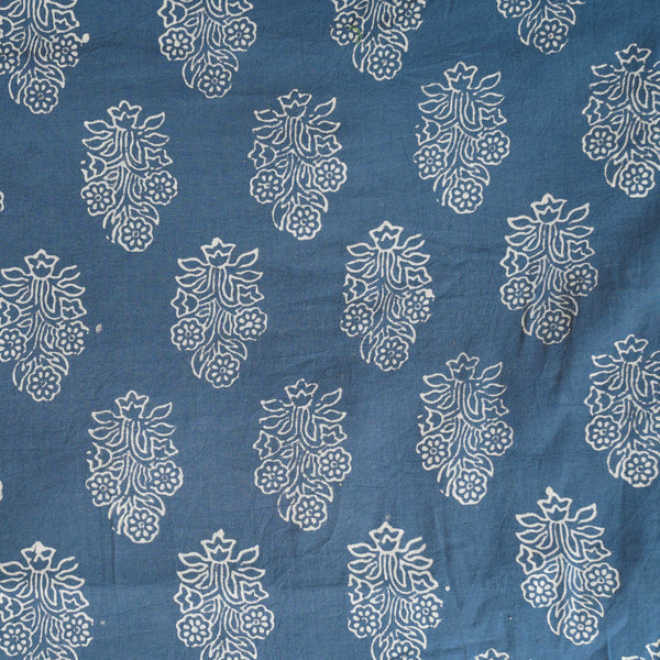 Pure Cotton Gamthi Blue With Cream Flower  Plant Motif Hand Block Print Fabric