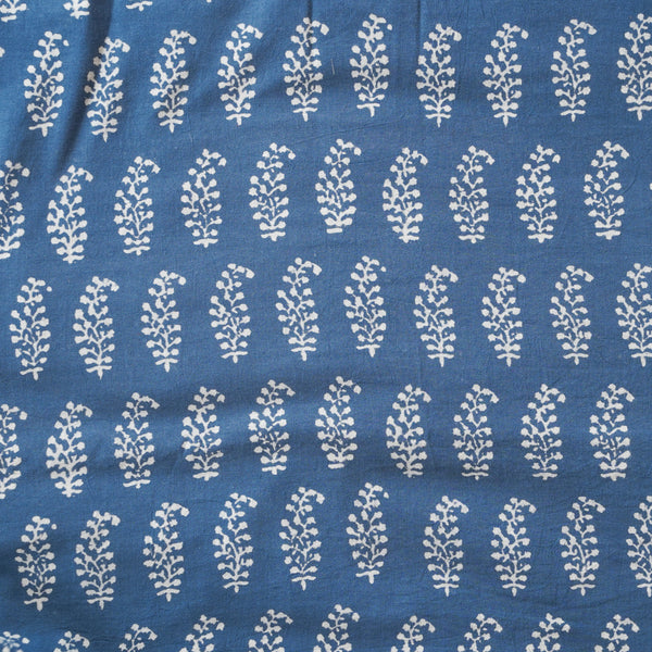 Pure Cotton Gamthi Blue With Cream Leaves Motif Hand Block Print Fabric