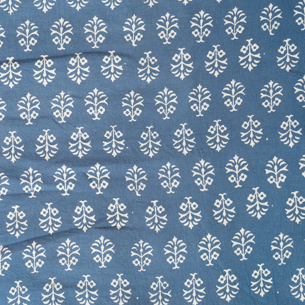 Pure Cotton Gamthi Blue With White Flower  Plant Motif Hand Block Print Fabric