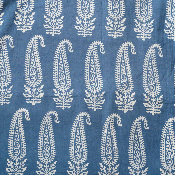 Pure Cotton Gamthi Blue With Cream Big Kairi Motif Hand Block Print Fabric