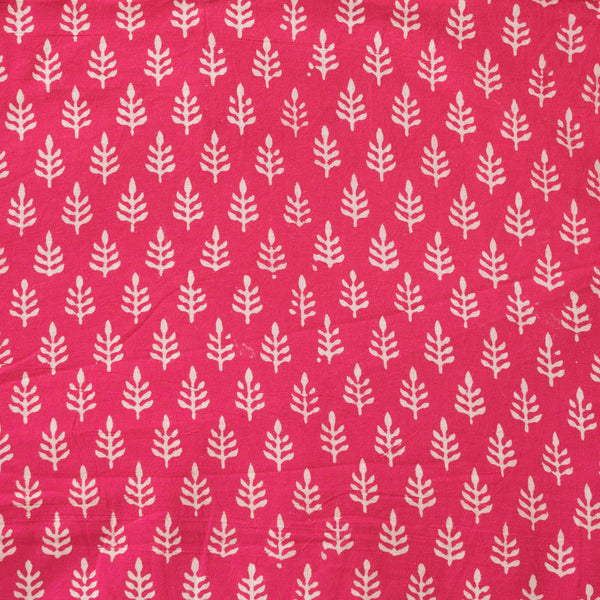 Pure Cotton Gamthi Pink With Cream Leaves Motif Hand Block Print Fabric