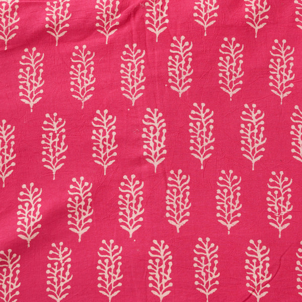 Pure Cotton Gamthi Pink With Cream Border Plant Motif Hand Block Print Fabric