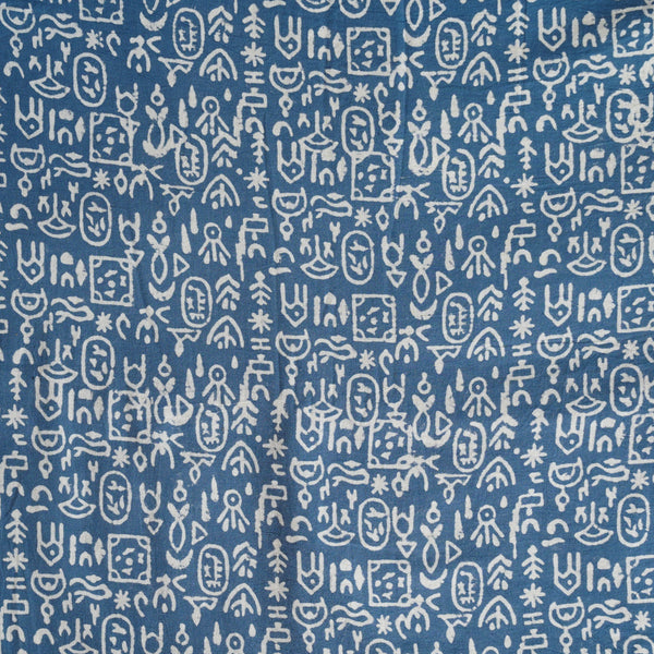 Pure Cotton Gamthi Blue With Warli Art  Hand Block Print Fabric