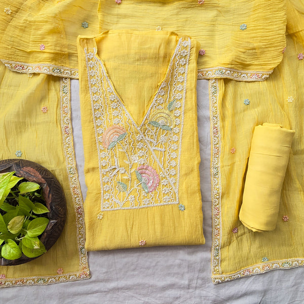VAANI -Mul Chanderi Yellow With Bits Work Yoke Suit